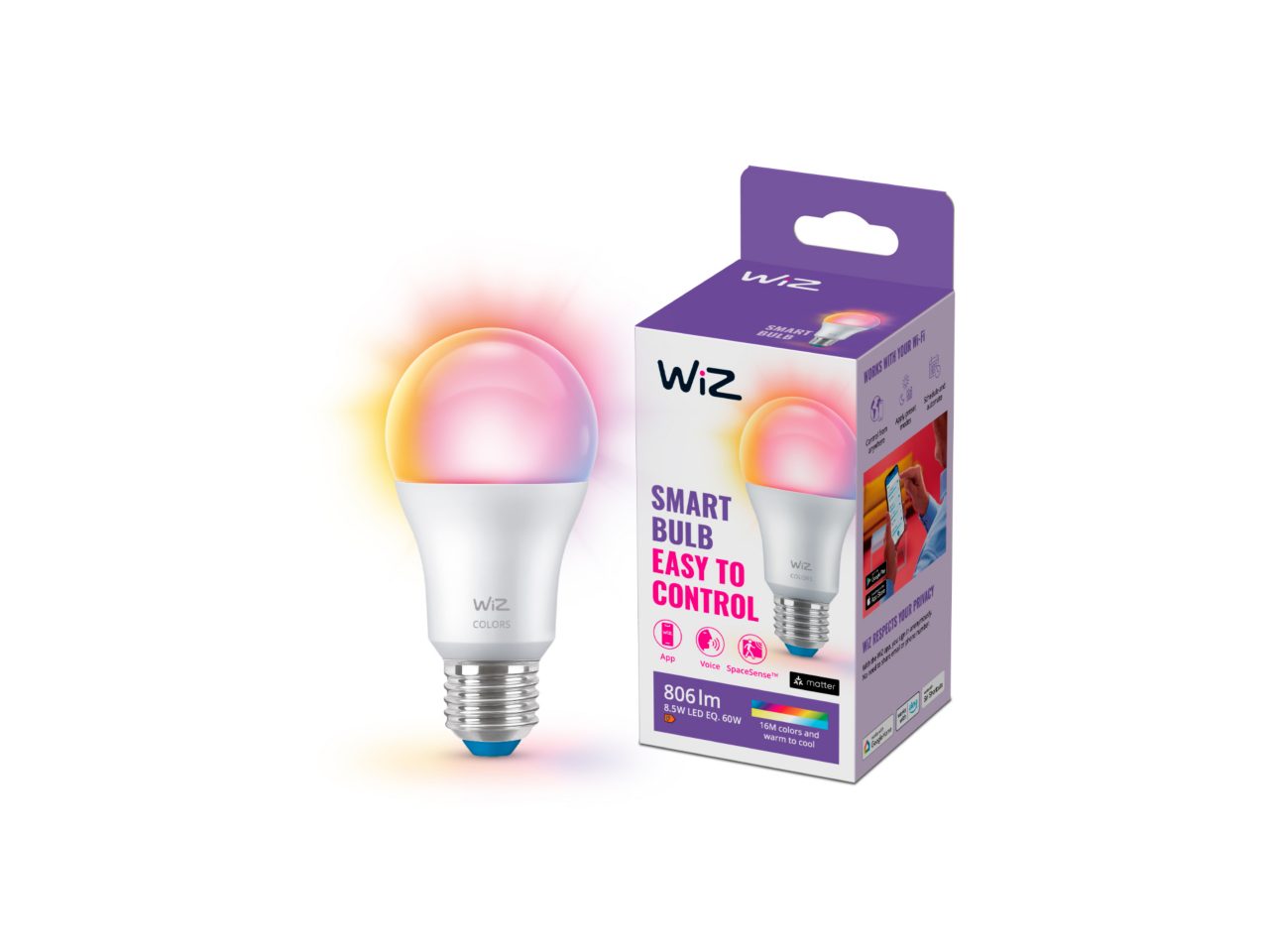 WiZ Bombilla 60 W A60 E27 a todo color, imagen oficial del modelo.